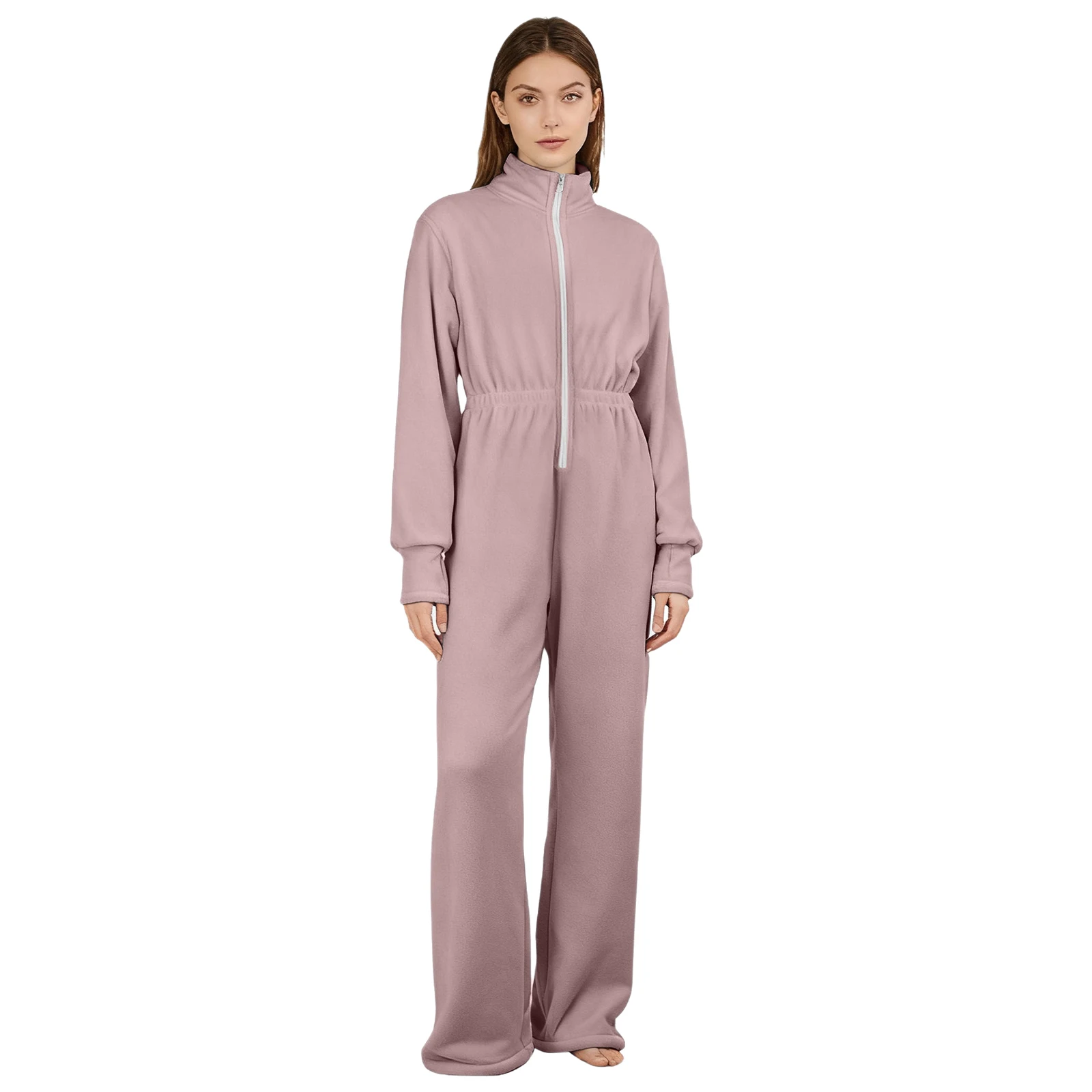 

Women Gymnastic Warm Jumpsuit Dancewear Stand Collar Front Zip Long Sleeve with Long Pants Fleece Unitard for Ballet Latin Dance