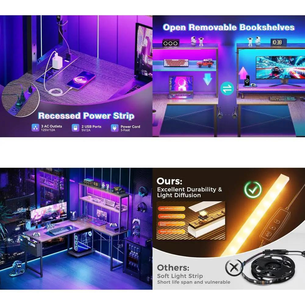 53 Grey Oak Reversible L-Shaped Gaming Desk with LED Lighting and Power Outlet