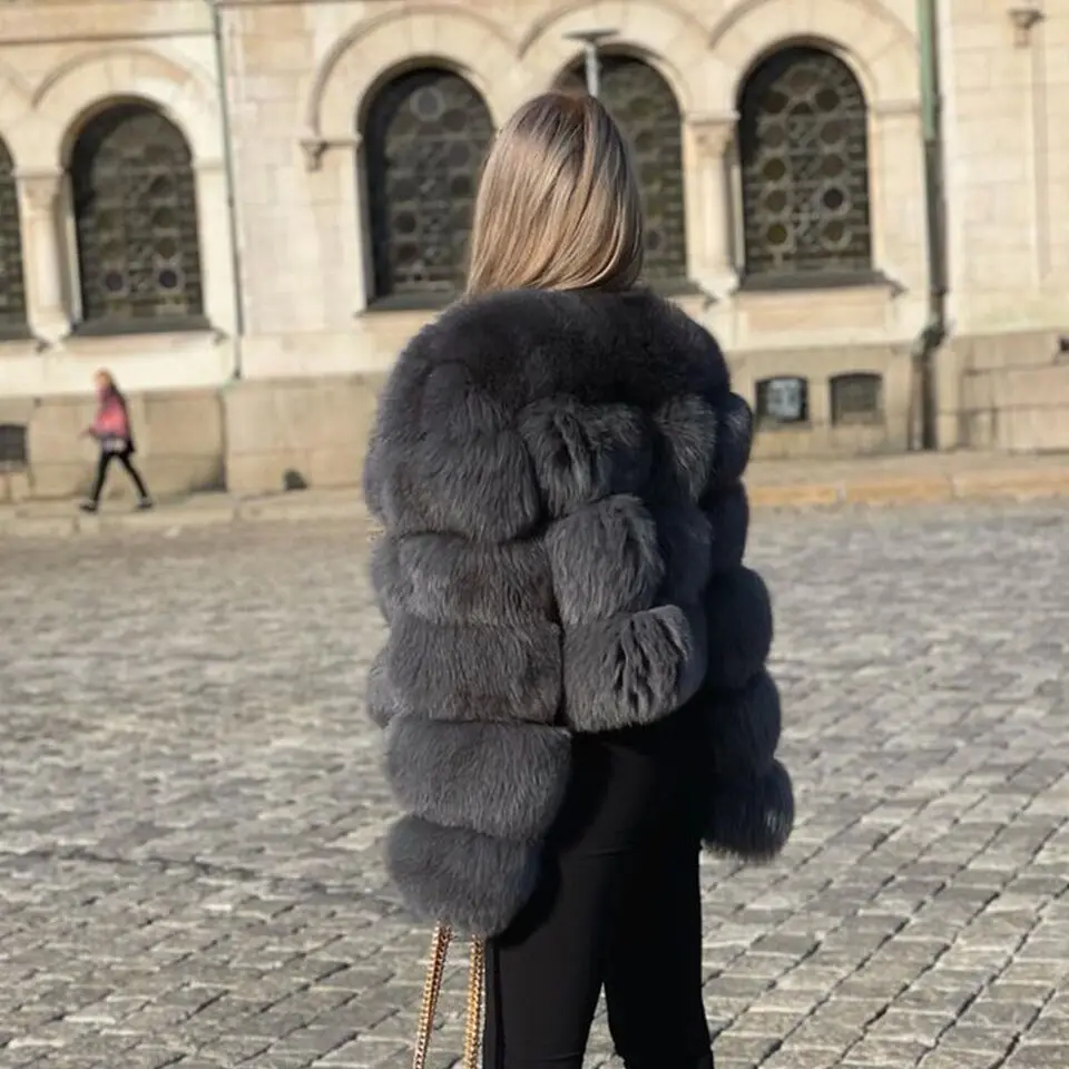 Winter Warm Luxury Fur Coat Women High Street Genuine Fur Outertwear O-neck Segmented Fox Fur Jacket Female