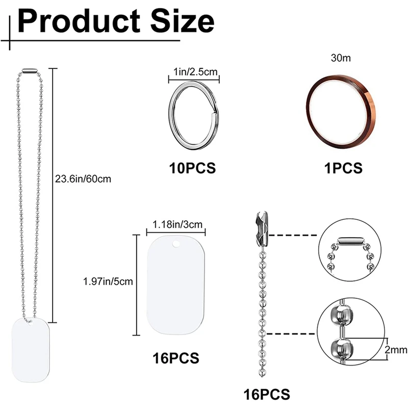 88 buah tag anjing aluminium kosong cap sublimasi, dengan rantai kalung rantai gantungan kunci pita panas untuk Pet ID, liontin