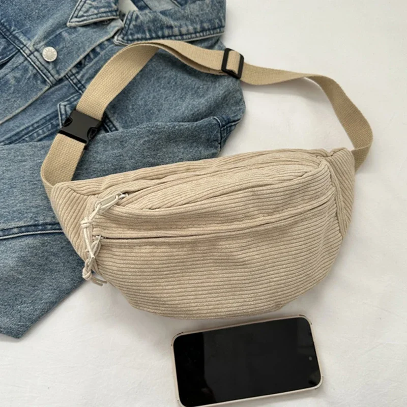 New Corduroy Women Waist Bag Canvas Student Shoulder Crossbody Chest Bag Pack Phone Banana Female Bum Sports Belt Bags 2024