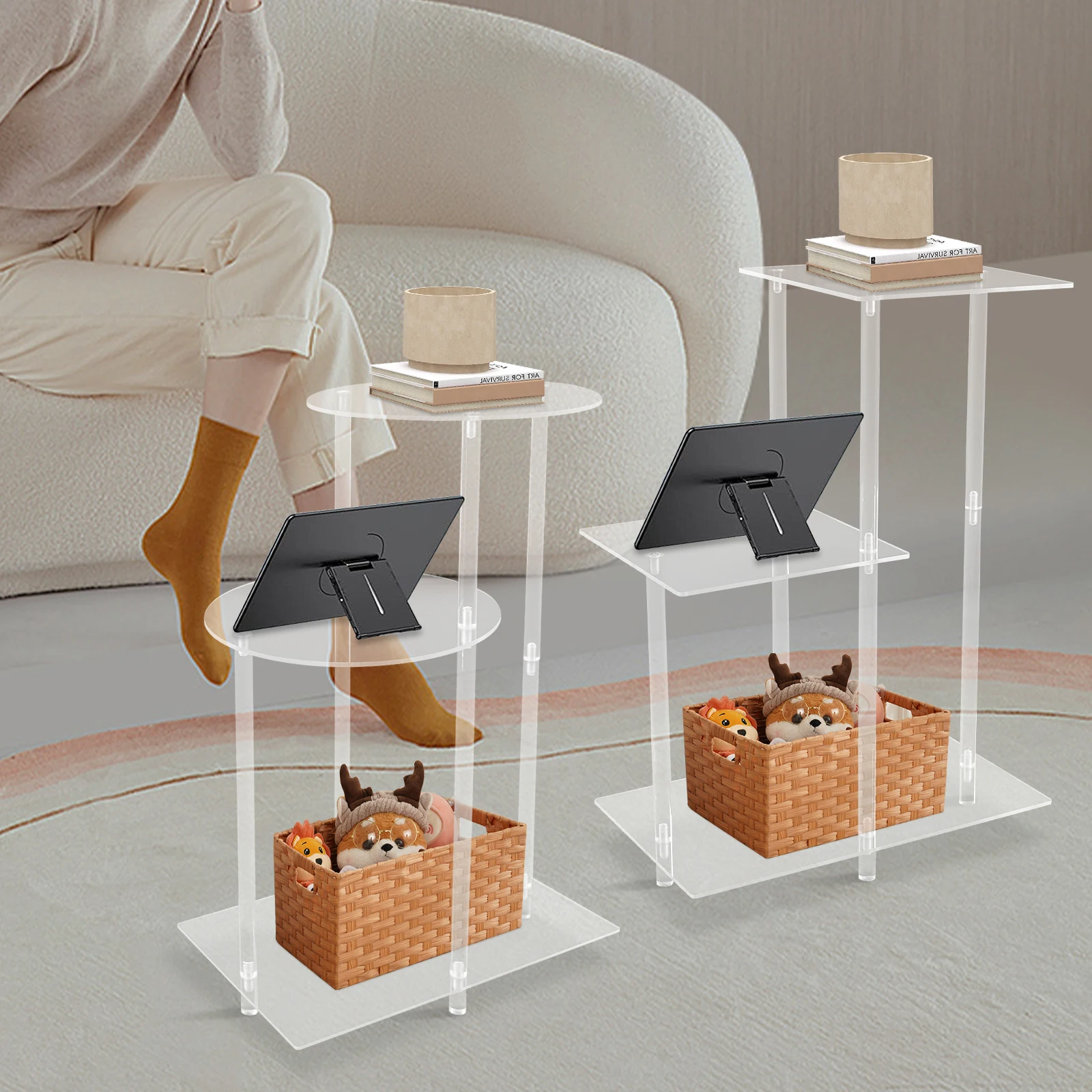 

Акриловый приставной столик, торцевые столики, прозрачный квадратный/круглый, 3-уровневая полка для ПК, прочная, устойчивая к деформации, для витрины в гостиной на диване