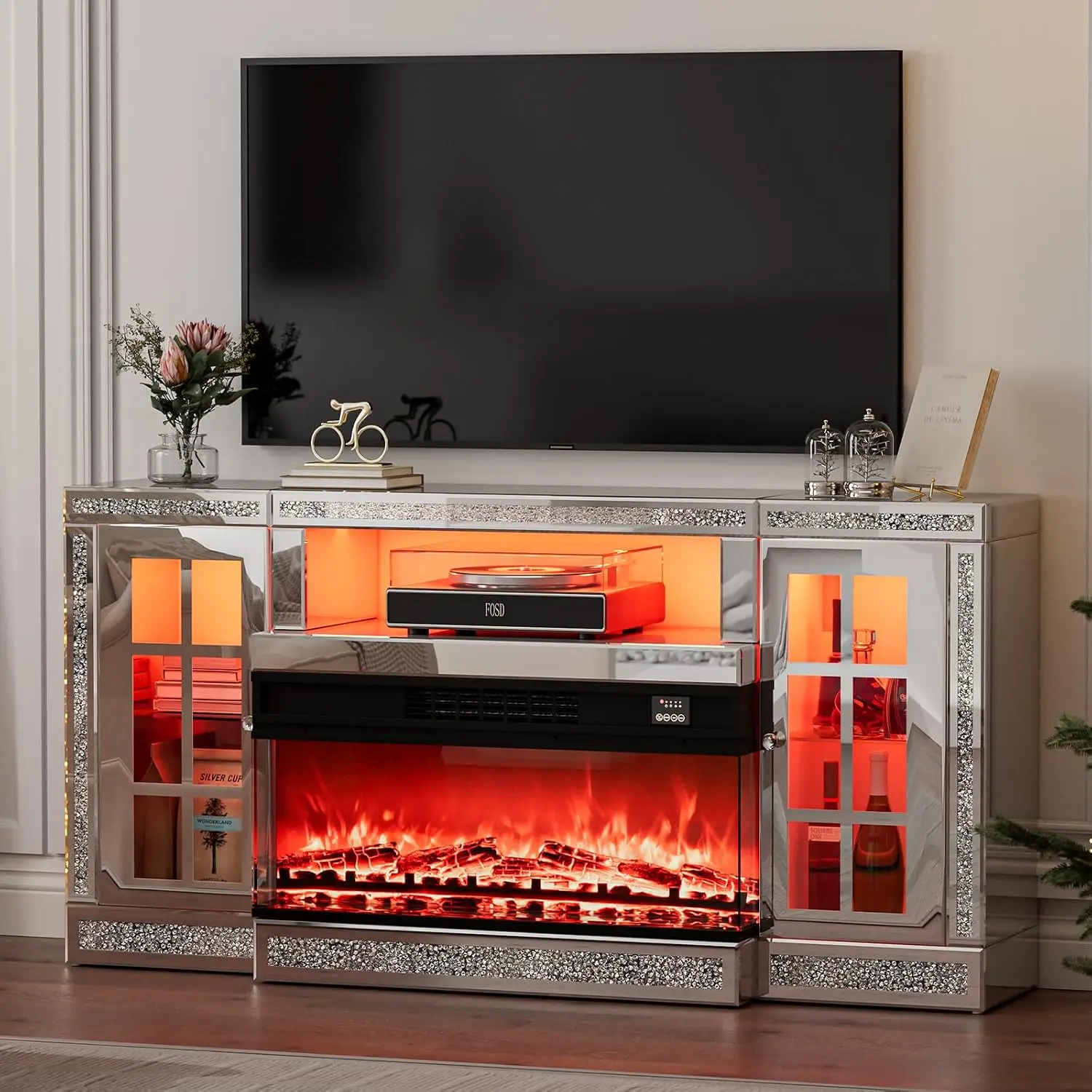 Mirrored Fireplace TV Stand,Modern TV Console with 2 Storage Cabinets and 3D Realistic Flame,Sliver Crushed Diamond, Customized