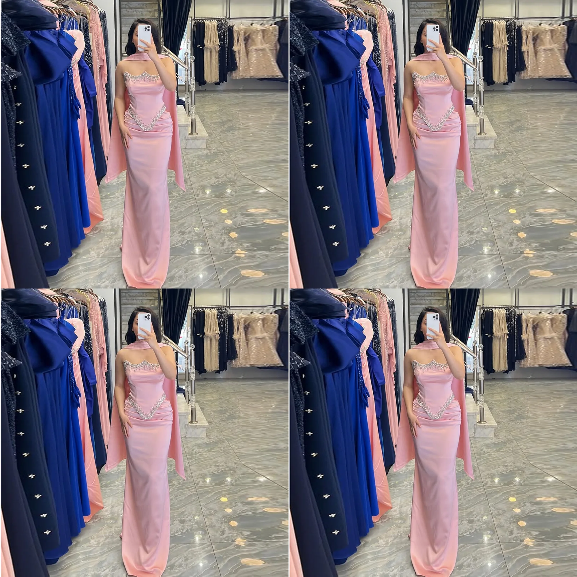 

robes de soirée Strapless Satin Beaded Crystal Straight Evening Dress Floor Length Backless Bridesmaid Gown for Women Customized