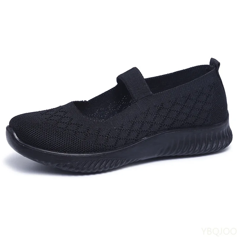 Cozy Sport Mary Janes Flats Women Knit Mesh Sneakers Breathable Summer Shoes Ladies Casual Flat Shoes Comfortable Loafers Black