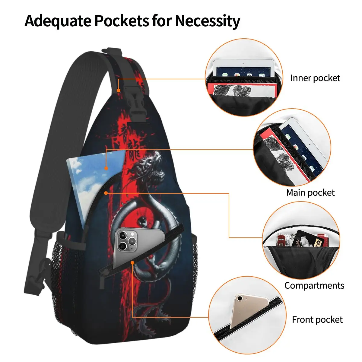 Music Dragon Gothic Pattern Chest Bag Men Sling Crossbody Backpack Chest Bag Traveling Hiking Daypack Shoulder Bag
