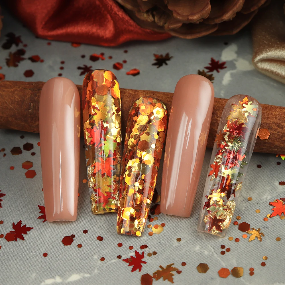 الخريف مسمار الفن بريق الترتر الخريف مابل ليف pailletes مانيكير الديكور لامع اللون مسدس الترتر الأظافر اكسسوارات #5
