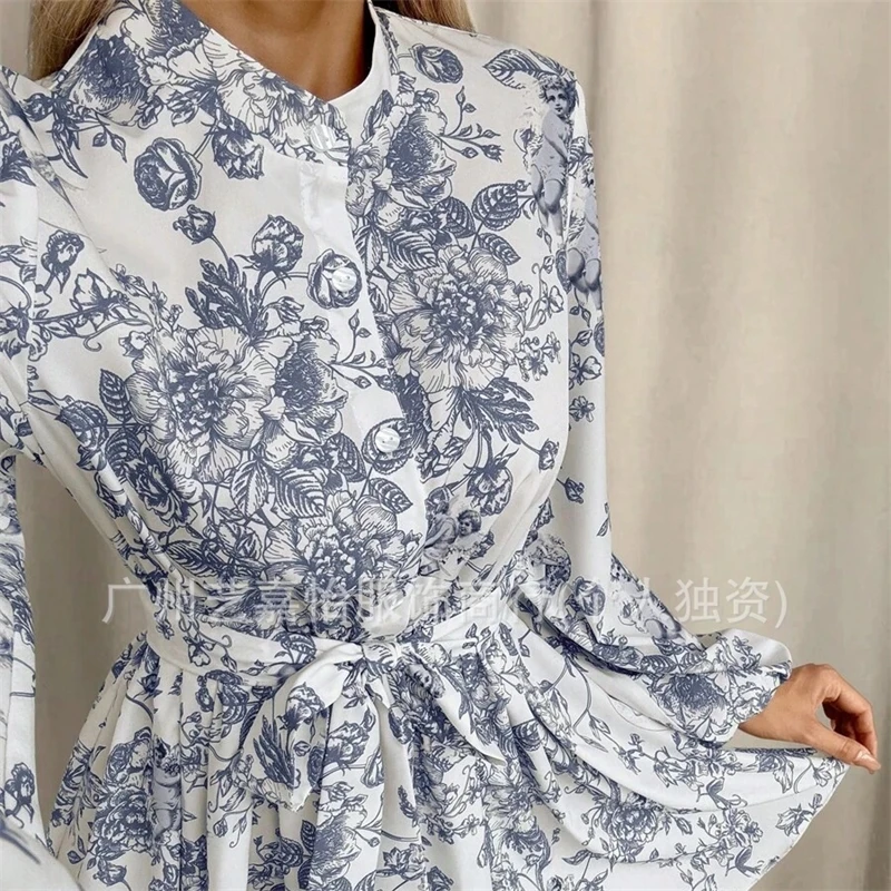 Women Spring Autumn Floral Print Midi Dress Tie Waist Puff Sleeve Long Sleeve Elegant Casual Fashion 2025 New Arrival