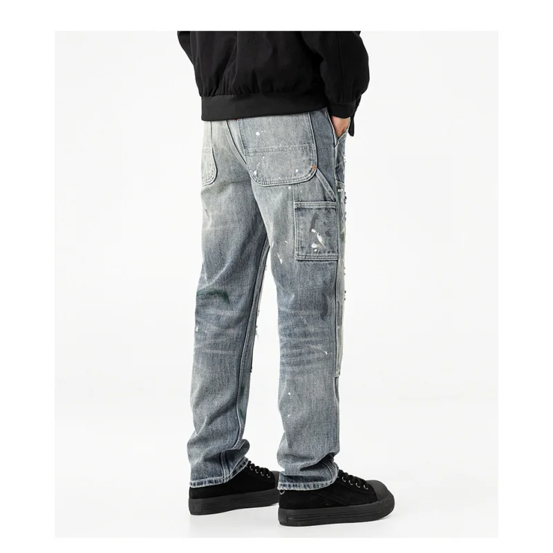 

Рваные джинсы в стиле ретро, мужские свободные прямые брюки спецодежды, модные уличные брюки высокого класса