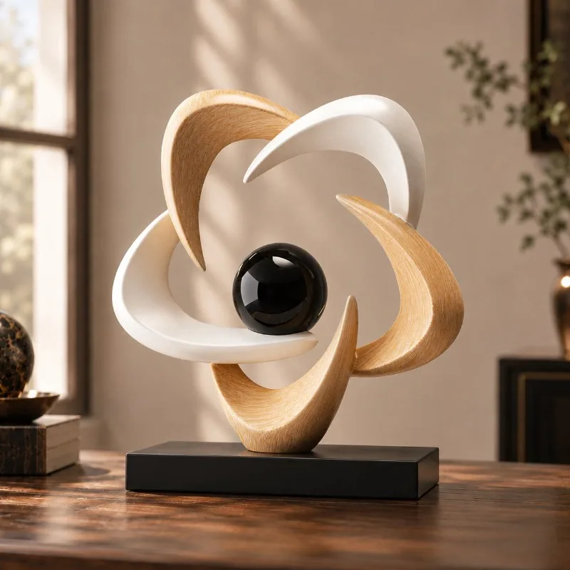 Modern Black White Abstract Swirl Sculpture, Lucky Five Rings Resin Statue, Desktop Ornament for Living Room Entrance Home Decor