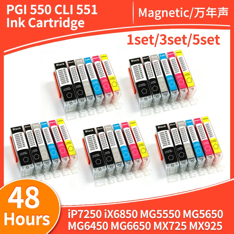 1-5set CLI 551 PGI 550 Ink Cartridges Compatible for Canon Pixma iP7250 iX6850 MG5550 MG5650 MG6450 MG6650 MX725 MX925 Printer