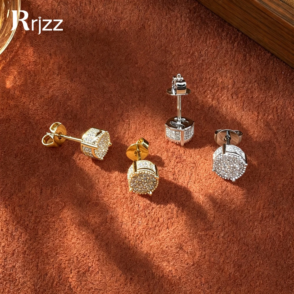 Rrjzz Fancy 0.9mm Pavé Setting Round Cut Stud Earrings Shiny Full Moissanite Everyday Fashion Versatile Women's Ear Jewelry Gift