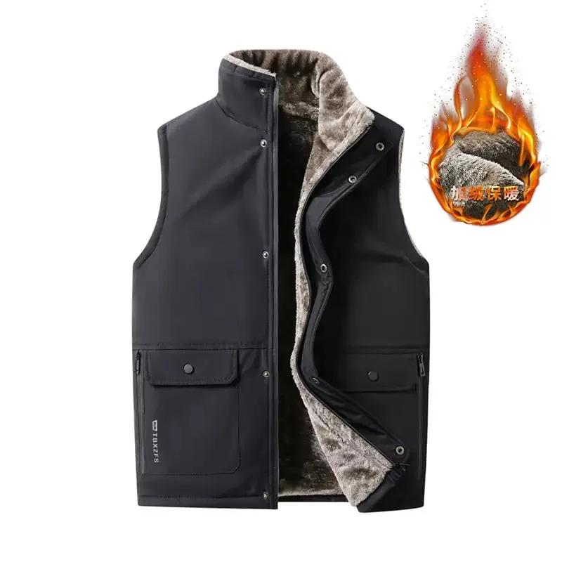 Winter solid color fleece-lined thickened warm windproof cotton padded vest men's casual loose sports plus size high quality top