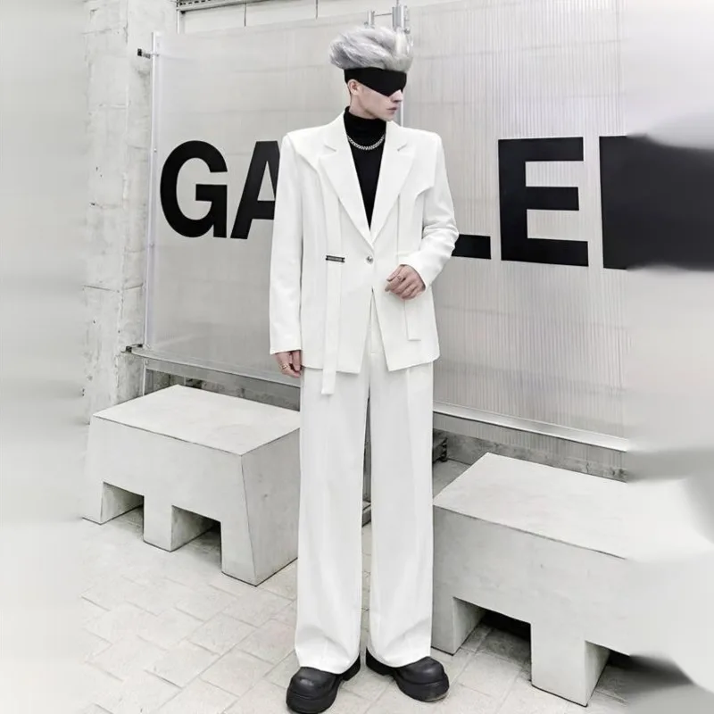 WVGA Spring Autumn New Men Korean Style Ribbons Stylish Shoulder-padded Blazer Niche Chic Casual Pants Two Pieces Set Ins W25396