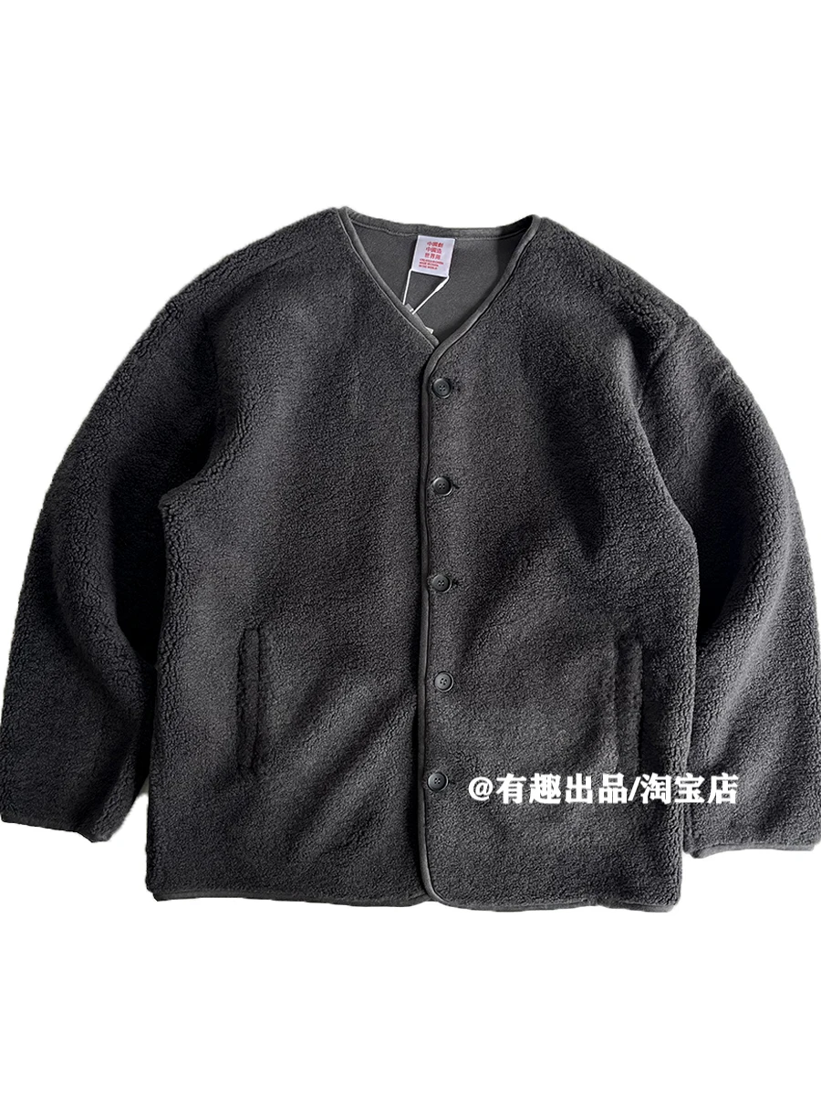 Heavyweight Faux Lamb Fleece Jacket Japanese Retro Collarless Layered Coat Thick Windproof and Warm Trendy Outerwear