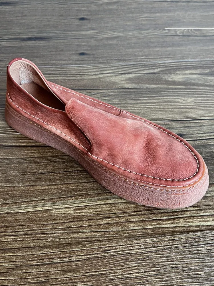 Mens Genuine Leather Loafers Outside New Spring Summer Casual Walking Shoes Slip-On Vintage Round Toe Platform Flat Shoes Male