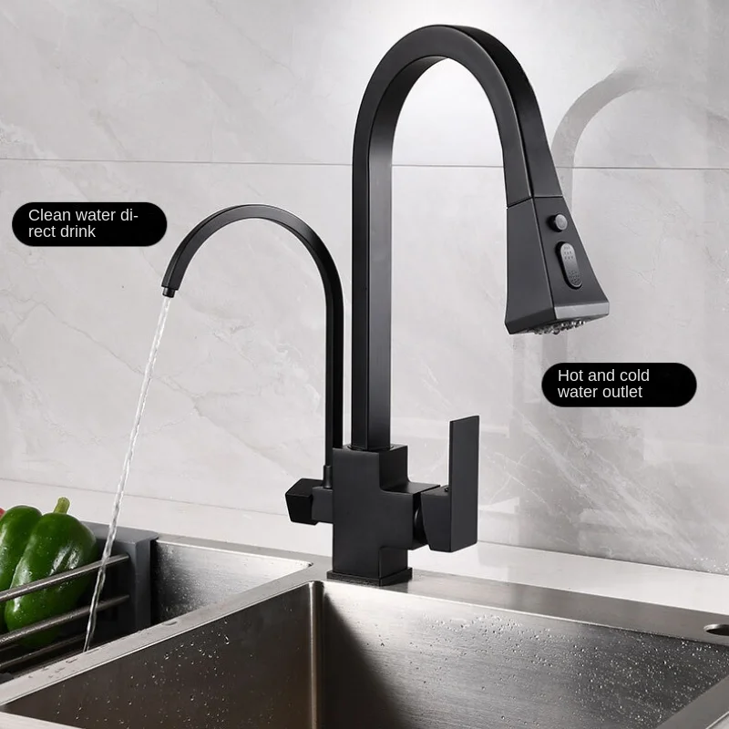 Matte Black Square Filtered Kitchen Faucet Pull-Out 360 ° Rotation Hot and Cold Water Mixer Modern Drinking Water Tap