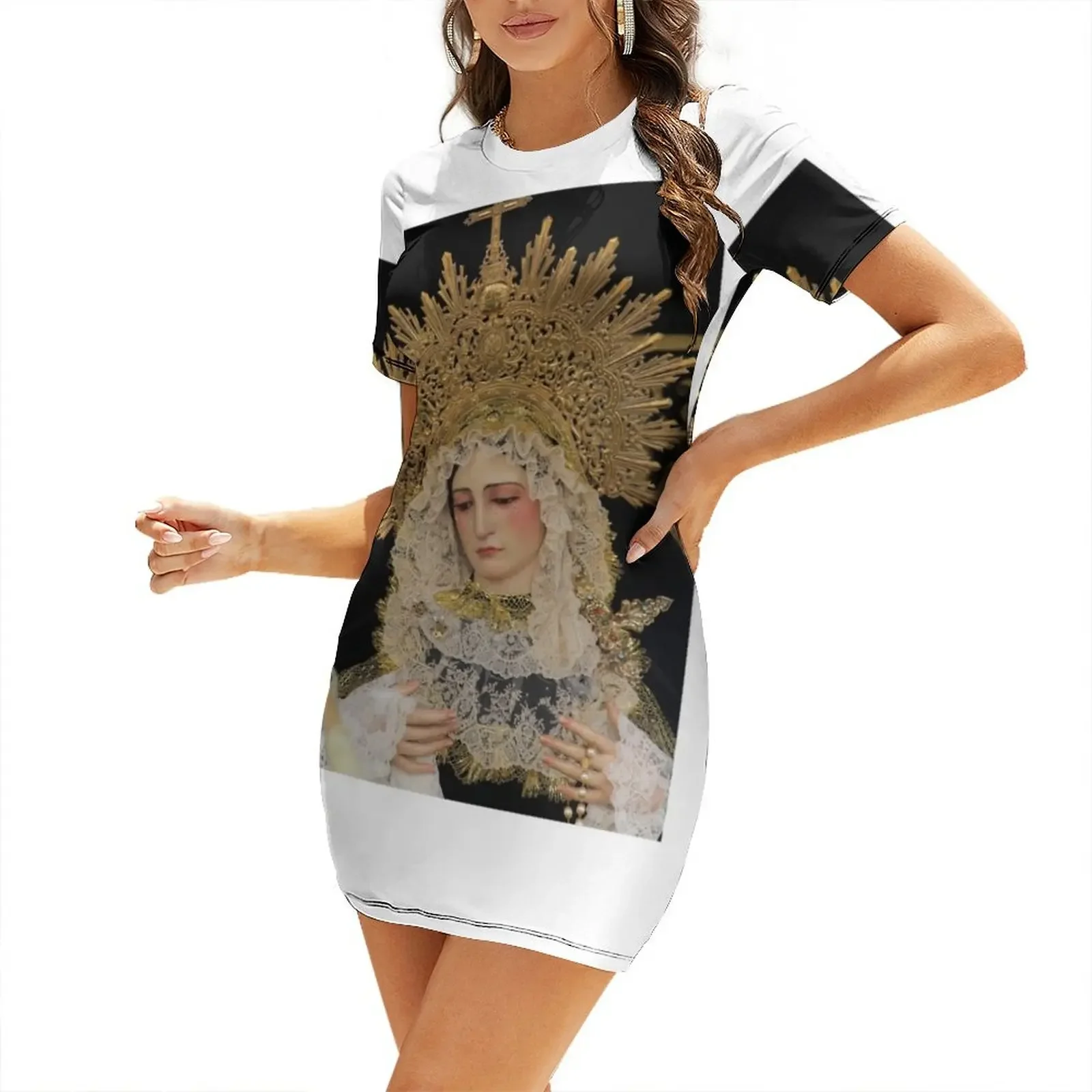 Vestido de manga corta con diseño de la Virgen María de Covadonga, arte religioso cristiano católico, ropa para mujer