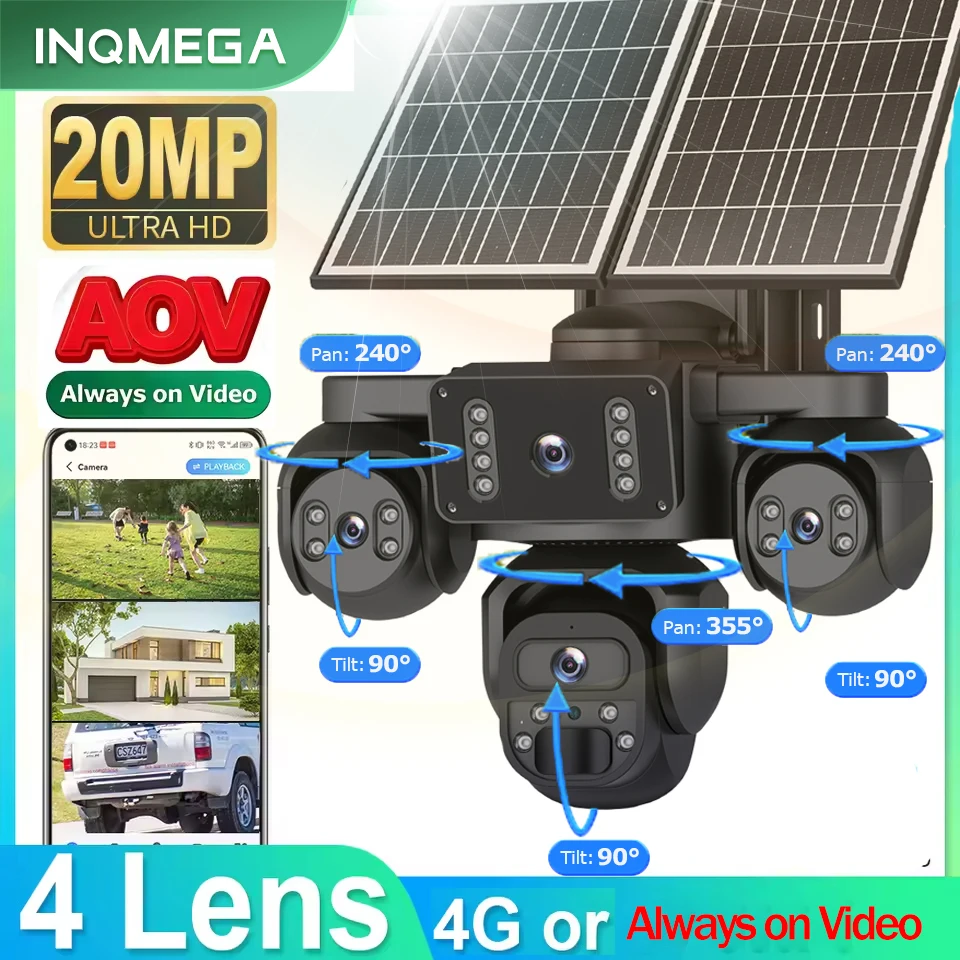 INQMEGA Solar Camera Outdoor Four Screens 4G SIM Cctv Home Security Solar Energy Cam Always on Video 4 screens simultaneously