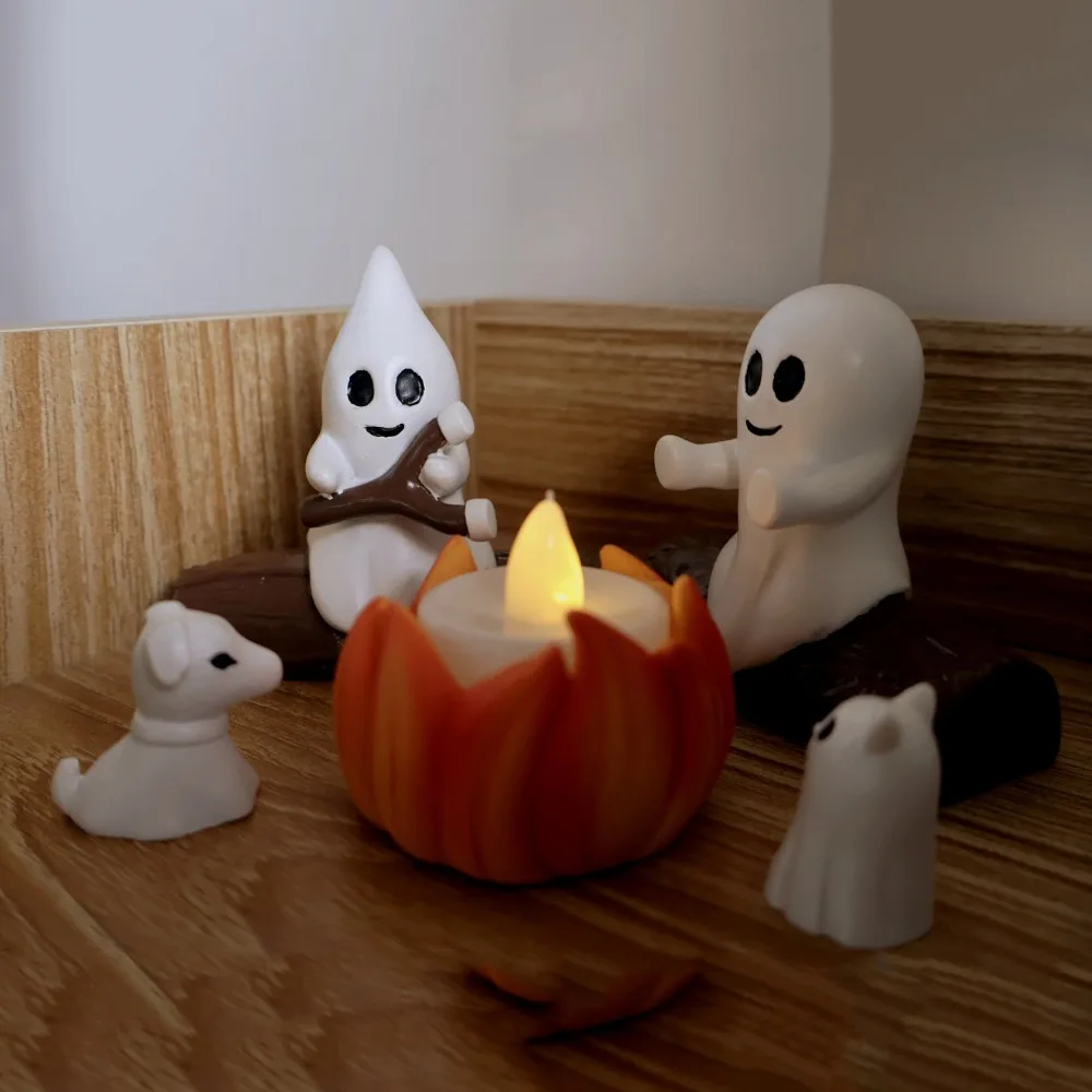 5PCS Resin Halloween Ghost Campfire Dog Cat Statue LED Candle Cartoon Ghost Campfire Gathering Night Light 3D Mini