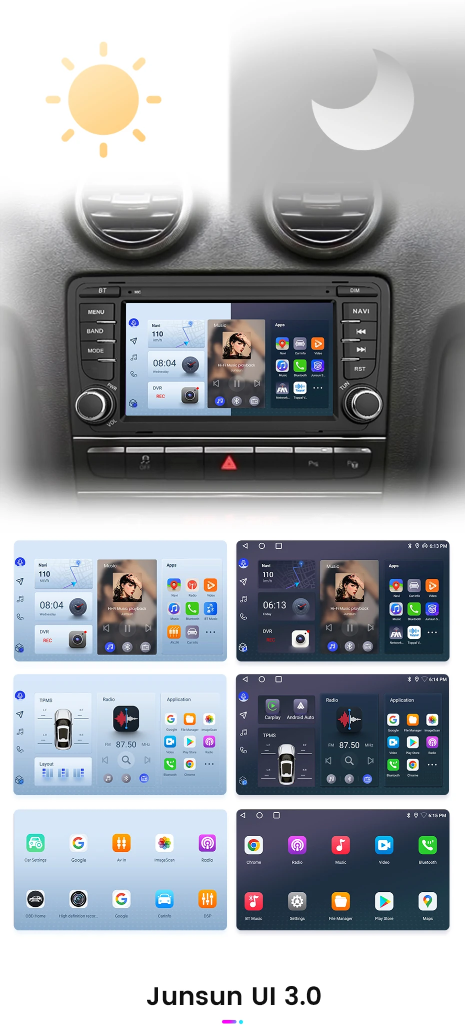 Junsun 7" Kabelloses CarPlay für Apple Android Auto Autoradio für Audi A3 8P S3 RS3 2003-2012 GPS-Navigation SWC Bluetooth FM RDS DSP IPS Touchscreen Intelligente Fahrzeugsysteme KI-Sprachsteuerung 4G WiFi 8-Kern Plug&Play Haupteinheit – Detail 16