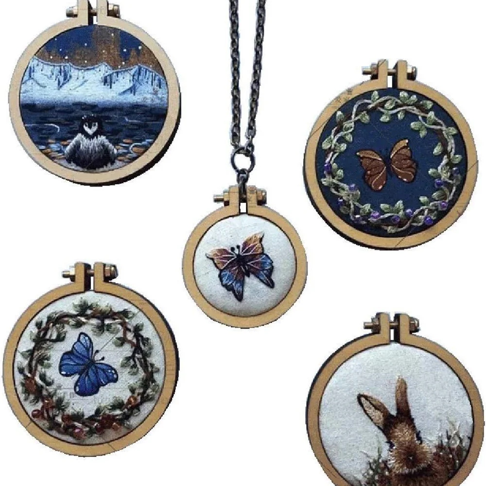 1/2/5/10pcs 4cm Embroidery Hoop Pendant Ring Wooden Cross Stitch Frame Handmade Pendant Crafts Embroidery Circle Sewing Kit