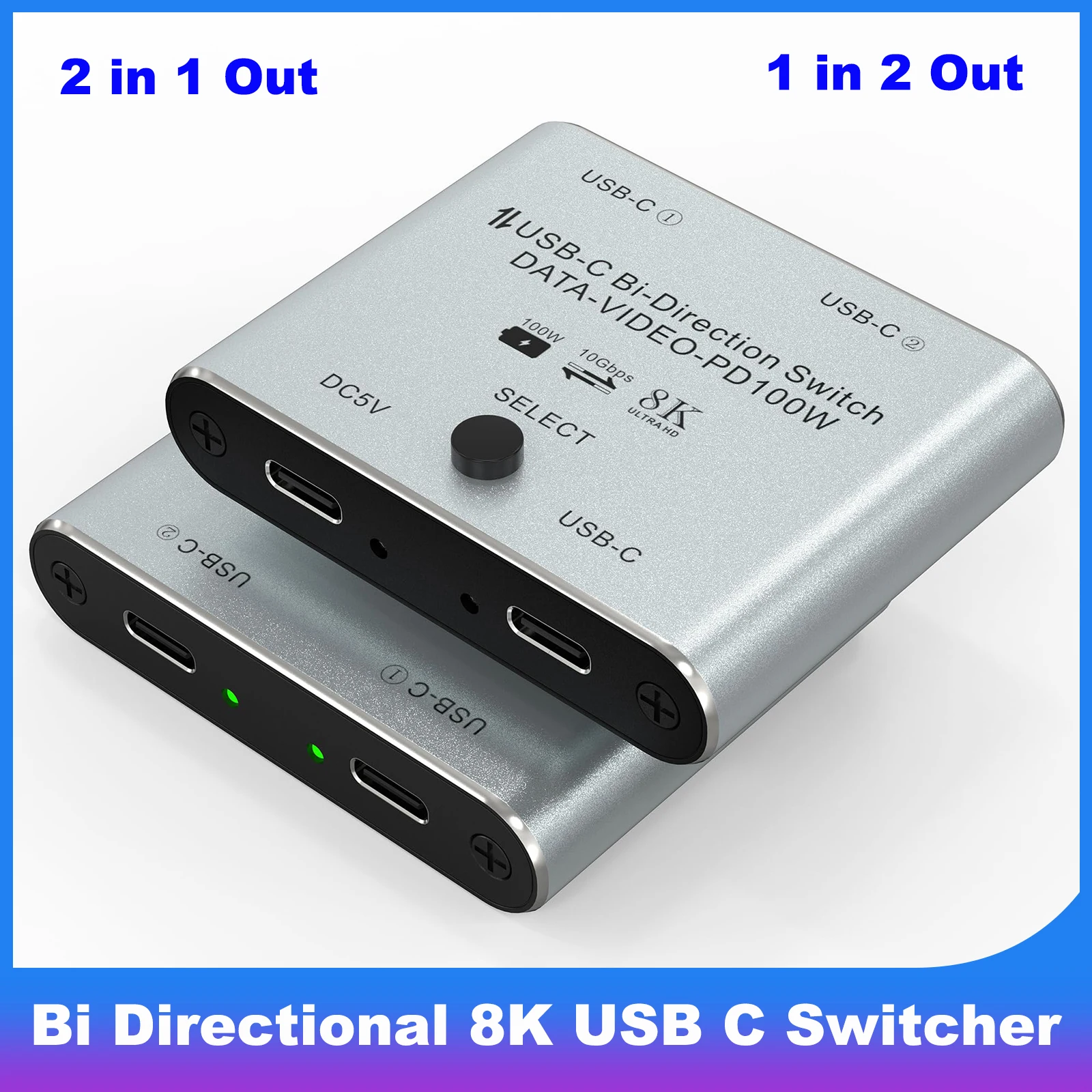 Bi Directional 8K USB C KVM Switch Splitter 2 in 1 Out for 8K@60Hz/4K@120Hz Video Transfer + 100W Charging + 10Gbps Data