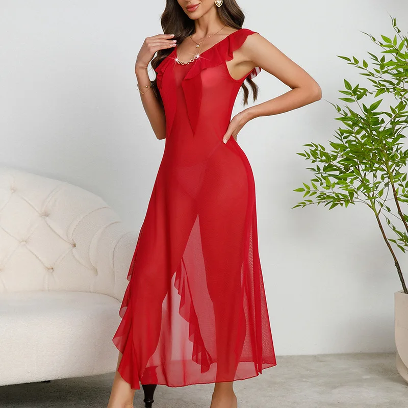Women Red Sheer Mesh Maxi Nightgown Ruffle Cap Sleeve V Neck Side Split Adjustable Pearl Chain Back Detail Sleep Slip Dress BMJ4