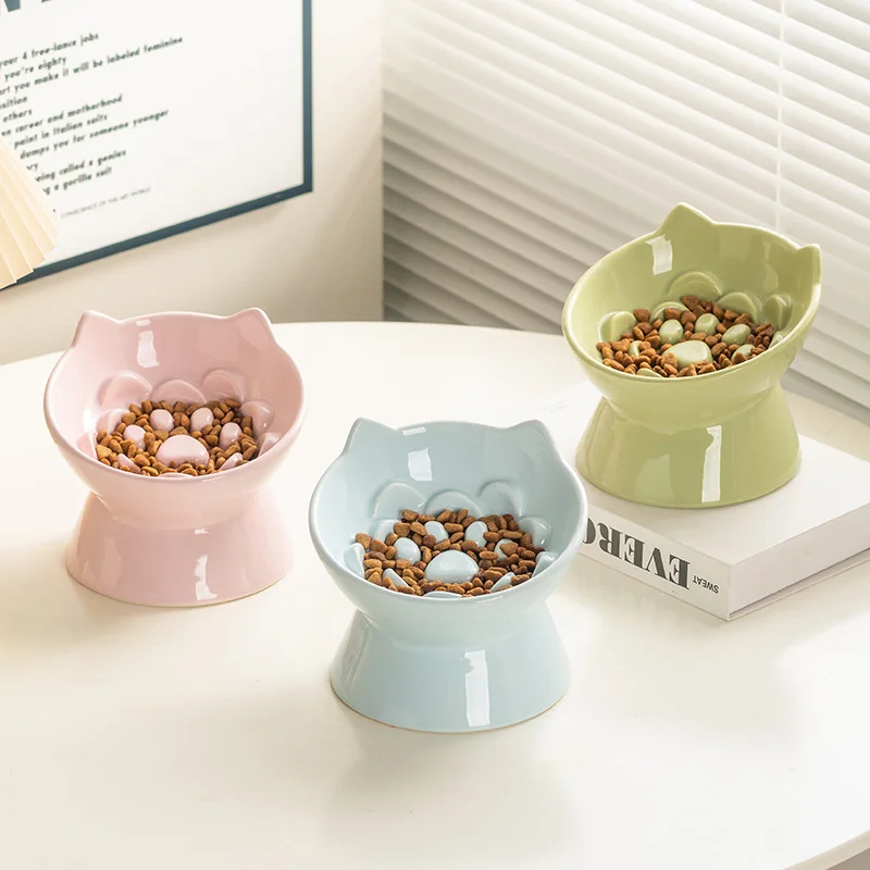 

Ceramic Tall Footed Slow Eating To Prevent Choking Pet Bowls, Anti Overturning Oblique Mouth, Neck Protection, Cat Bowl, 1Pc