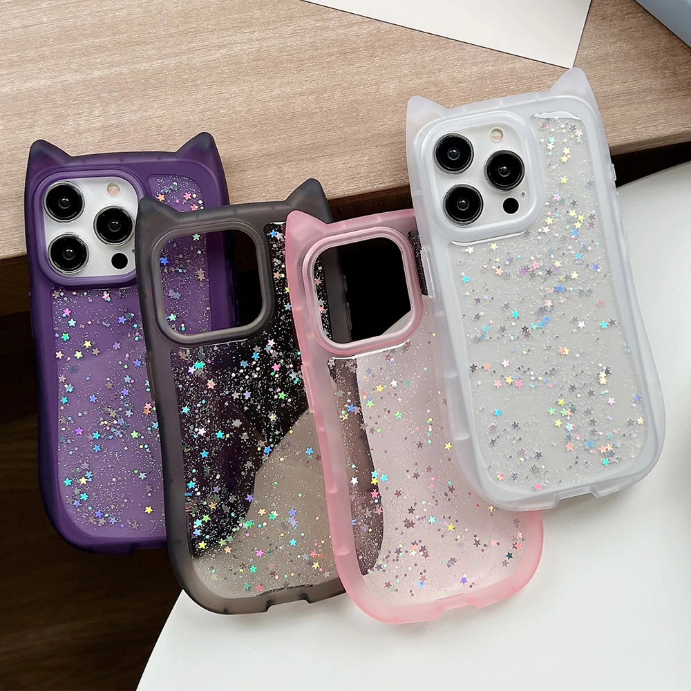 Cute Cartoon Cat Ear Glitter Sequins Transparent Case  For iPhone 16 15 Plus 14 Pro Max 13 12 11 Soft Silicone Shockproof Cover