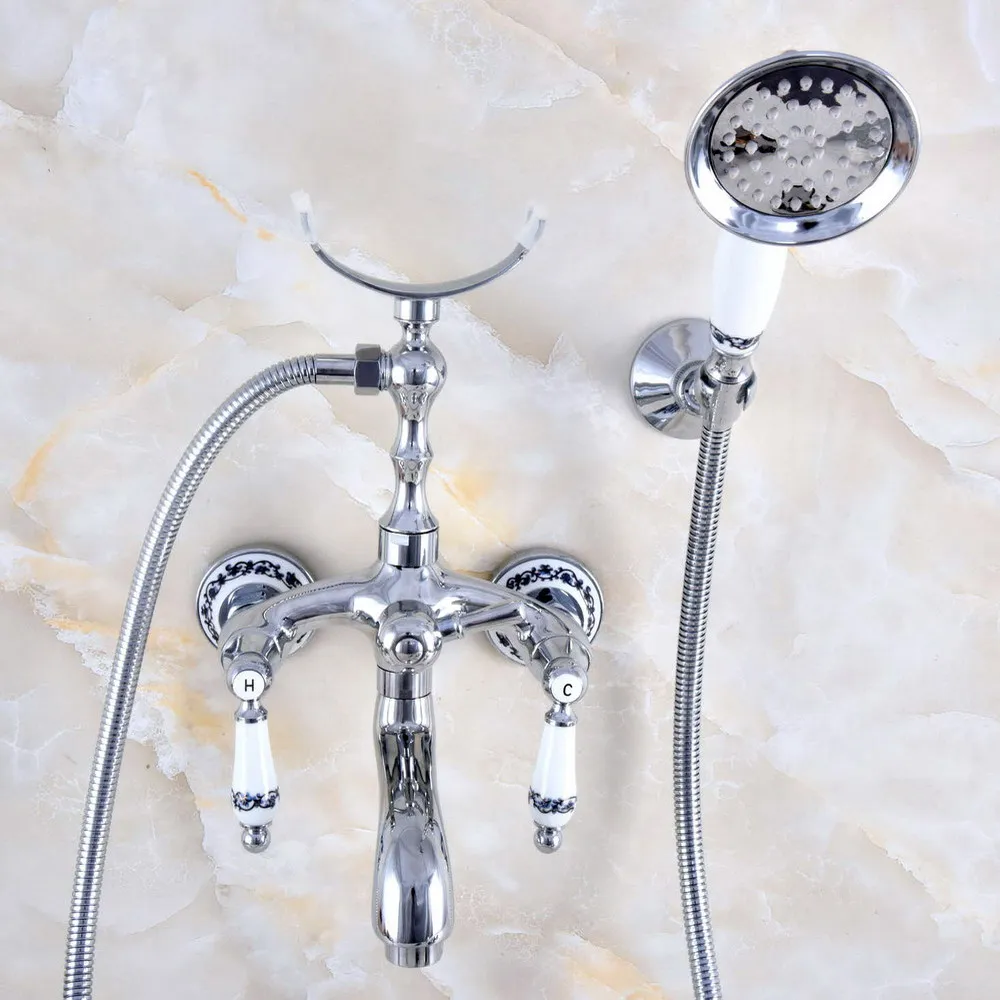 

Chrome Brass Double Handle Wall Mounted Bathroom Tub Faucet Set with 150CM Hand Held Shower Spray Mixer Tap 2na751