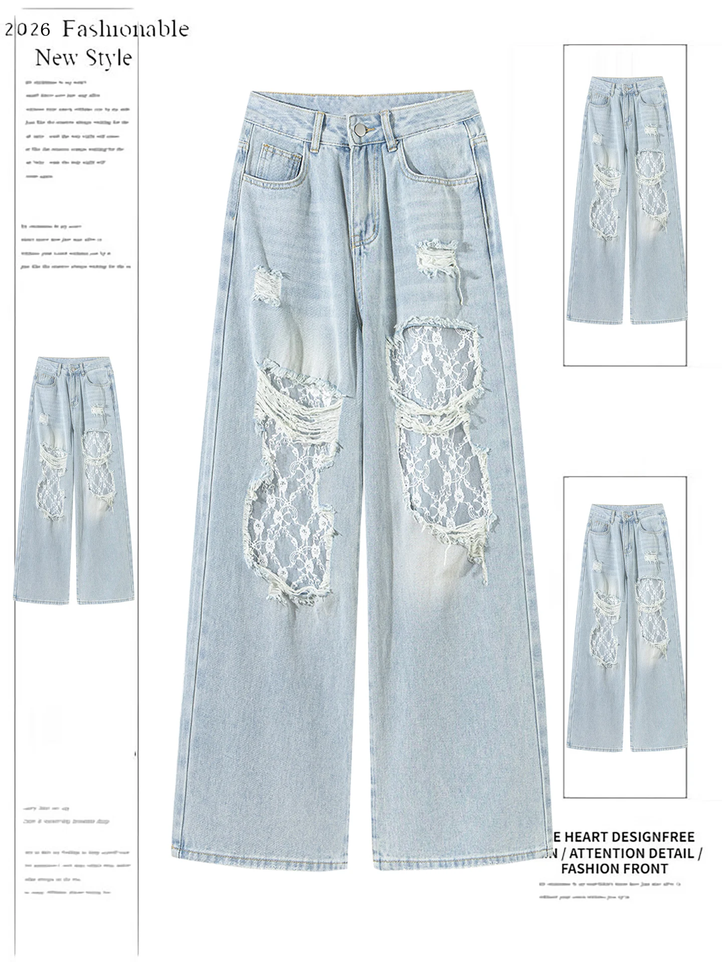 

Light Blue High Waist Lace Hole Denim Pants Women's Spring 2026 New Loose Draped Wide Leg Straight Long Trousers Trendy