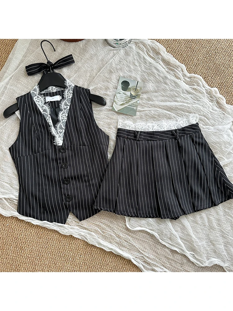 Summer Women Korean Fashion Vacation Kpop 2000s Aesthetic Striped Outfits 2 Piece Set Lace Vest + Y2k Preppy Mini Pleated Skirt