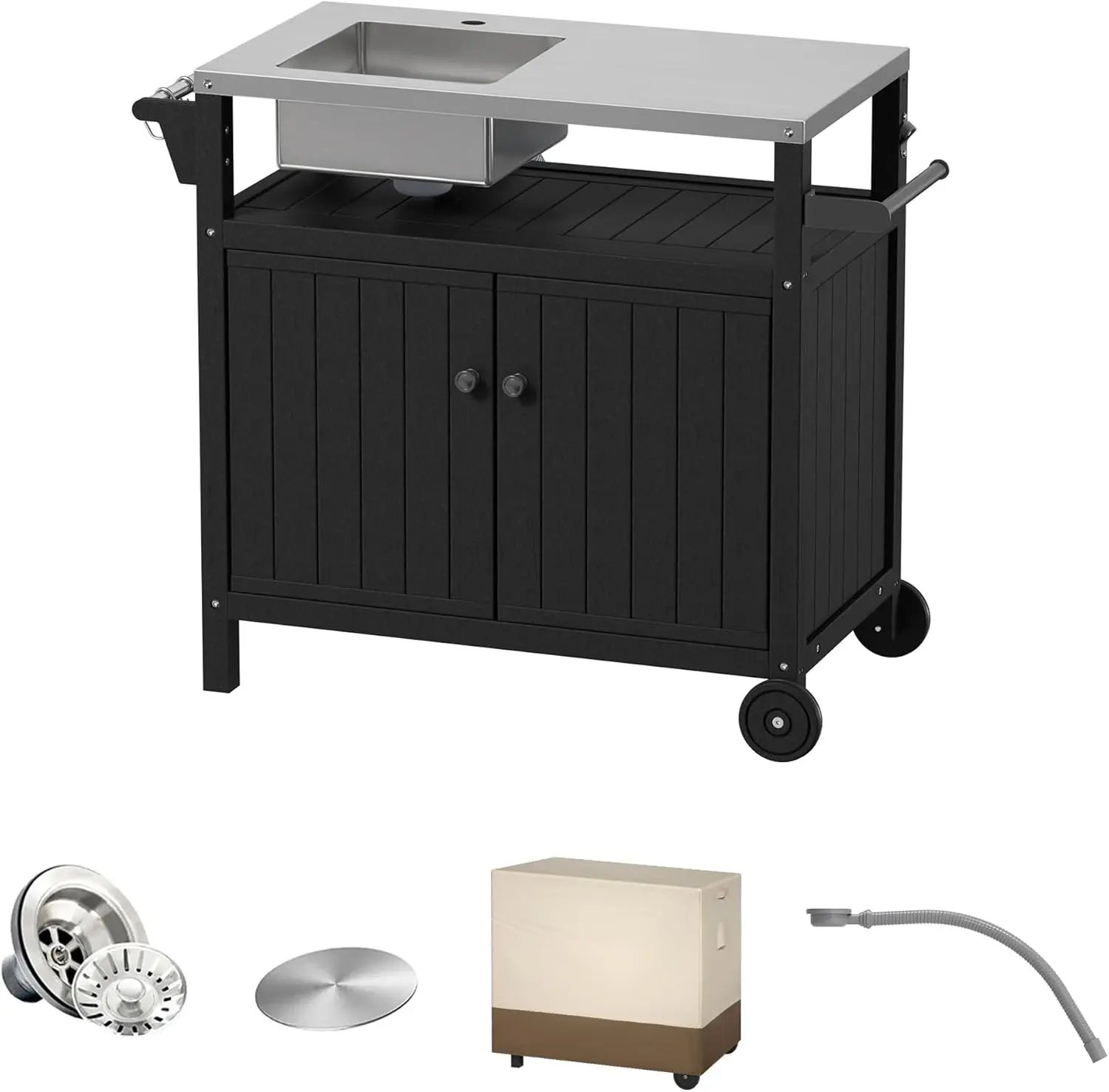 

Multi-Functional Outdoor Grill Cart with Sink,Cabinet and Cover, 42 inch Freestanding Modular Kitchen Sink Station in 304 Stainl