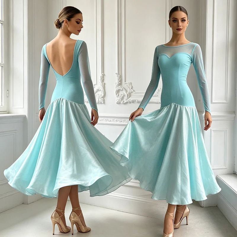

Blue Ballroom Dresses Women Long Sleeve Dancing Dress Standard Modern Dance Performance Clothes Waltz Tango Practice Wear 2747