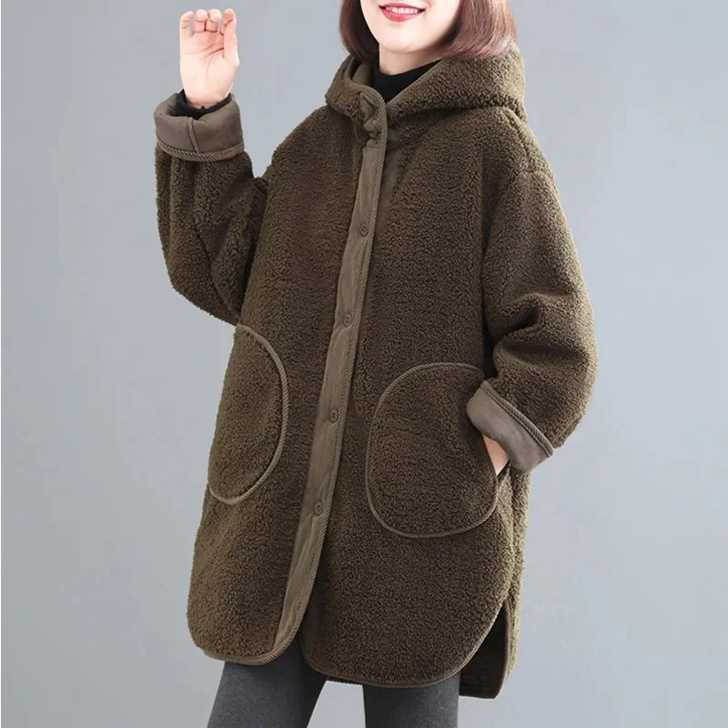 2024 Winter New Korean Loose Lamb Wool Coat Women\'s Thicken Cotton Jacket Ladies Hooded Coat Female Warm Long Parkas Overcoat