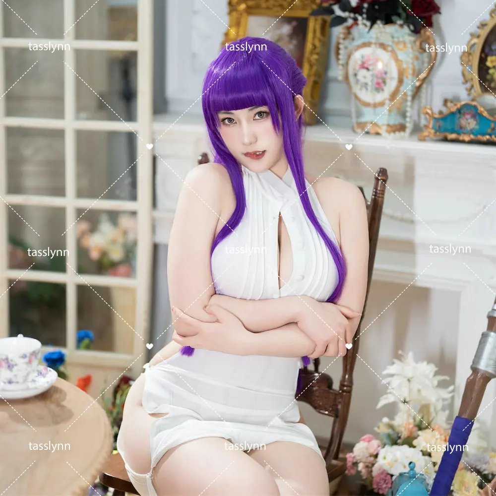 Samambaia branco sexy malha vestido elástico das mulheres, trajes de Cosplay Anime, trajes de Halloween, Frieren no funeral