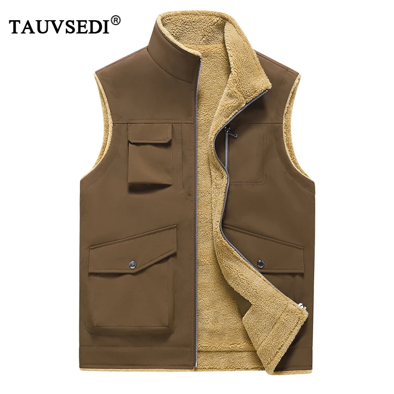 

Autumn Men Fleece Casual Sleeveless Vest Mens Thick Sherpa Multi Pocket Vests Waistcoats Male Loose Outdoor Cargo Vests Cardigan