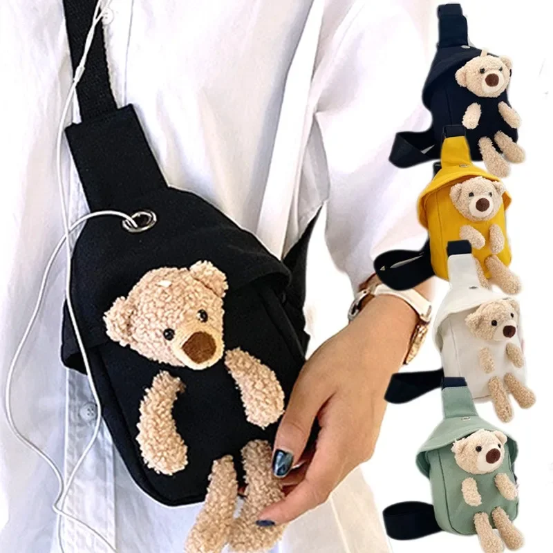 Cute Bear Girl Chest Pack Diagonal Bag Japanese Little Casual Messenger Bag Phone Pouch Bags Crossbody Bags Headphone Hole