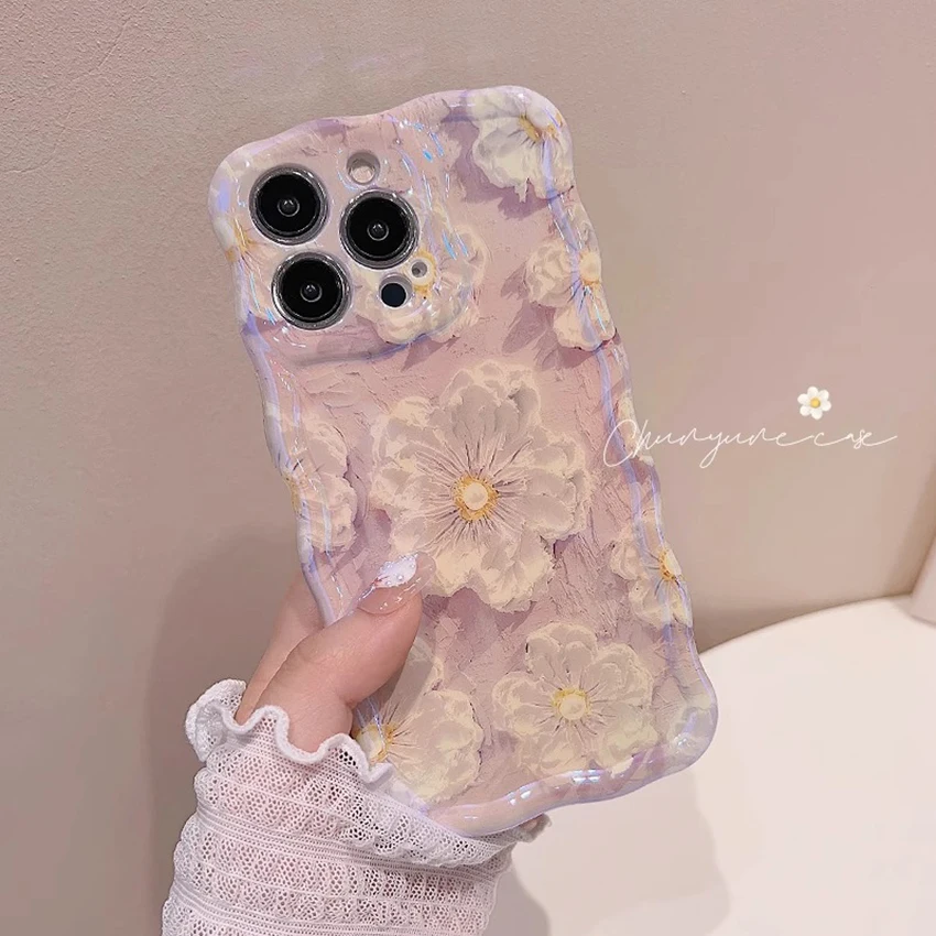 

Painted Oil Painting Flowers Phone Case For Iphone 16 15 14 13 Pro 12 11 Max Plus 16Pro Wave Boder Phone Case Soft 15Pro Cover