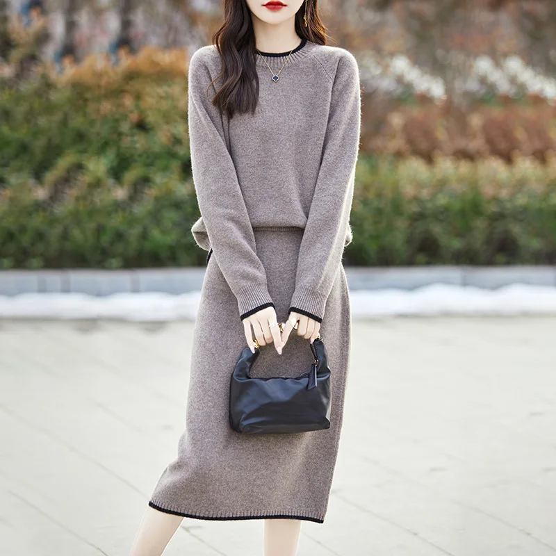 New 2024 Ladies 100% Cashmere Wool Suit Casual Long Sleeve O-Neck Pullover Sweater Solid Color Knit Skirt Two-Piece Women\'s Suit