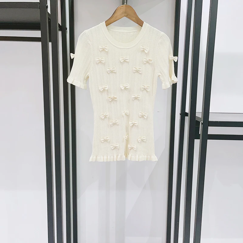 Pearl Bow-Adorned Women's T-Shirt Elegant Commuter Lace-Up Round Neck Short Sleeve Knit Top 2026 Spring New Arrival Y2K Style