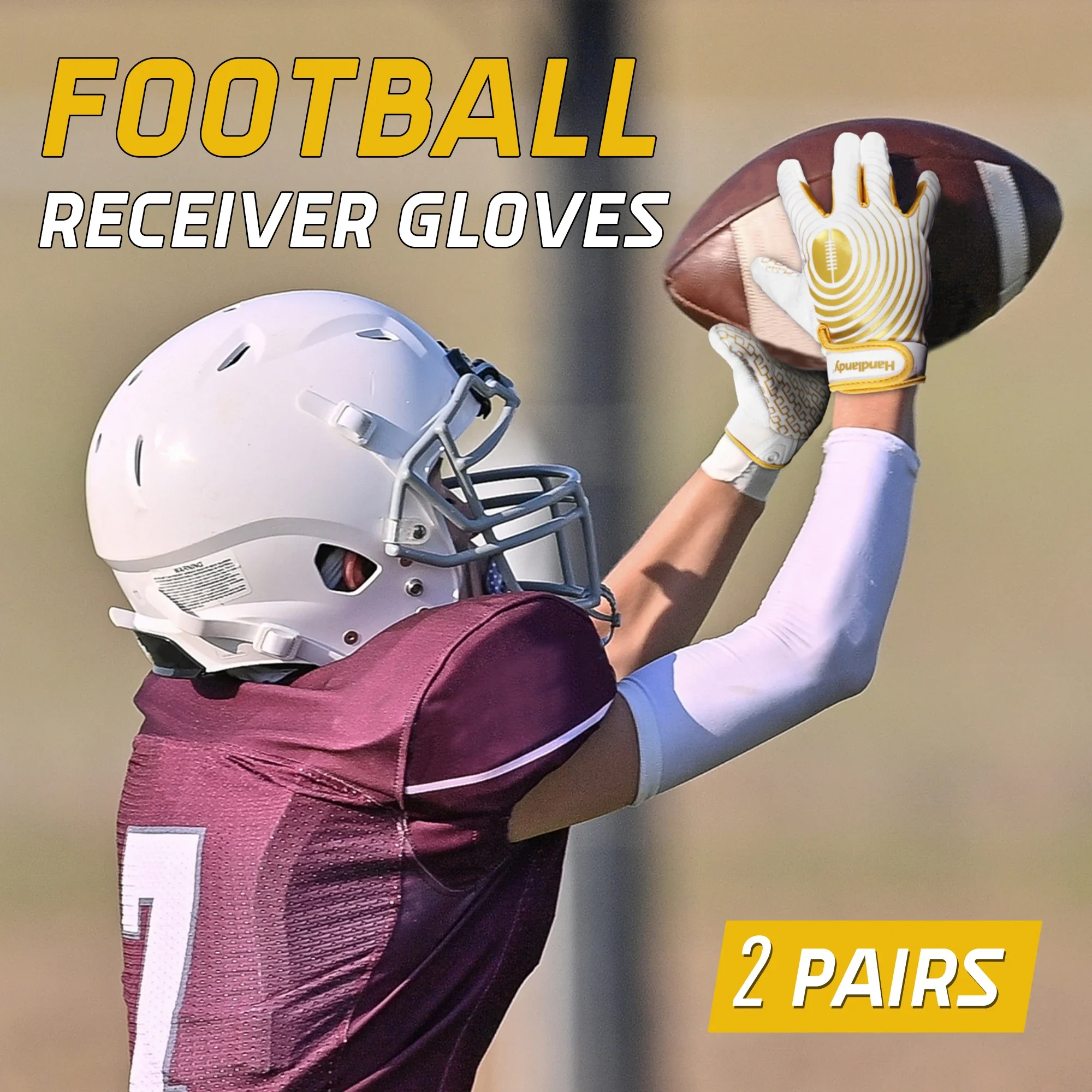 Youth American Football Gloves, Sticky Wide Receiver Gloves for Kids, White and Gold Stretch Fit Rugby Gloves