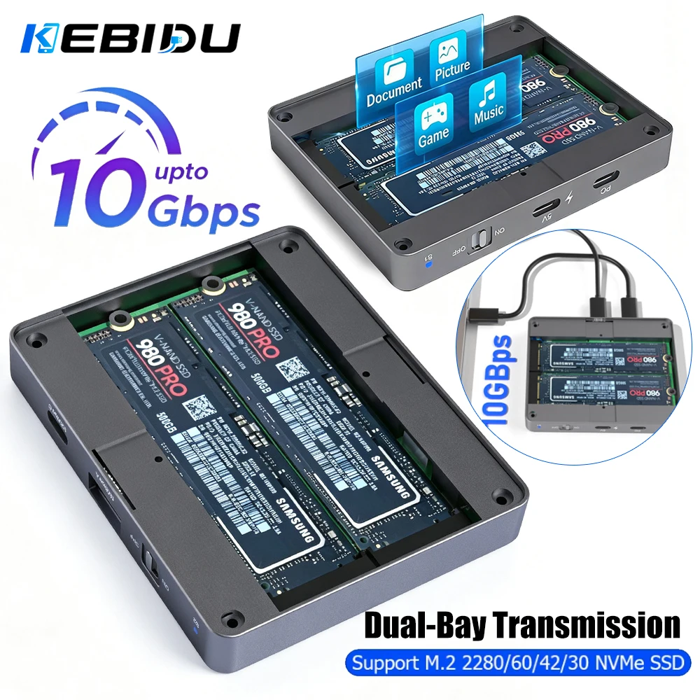 KEBIDU Dual Bay NVMe SATA SSD Enclosure M.2 Dual NVMe Hard Drive Case 10Gbps USB C 3.2 GEN2 External Hard Disk Case Box Adapter