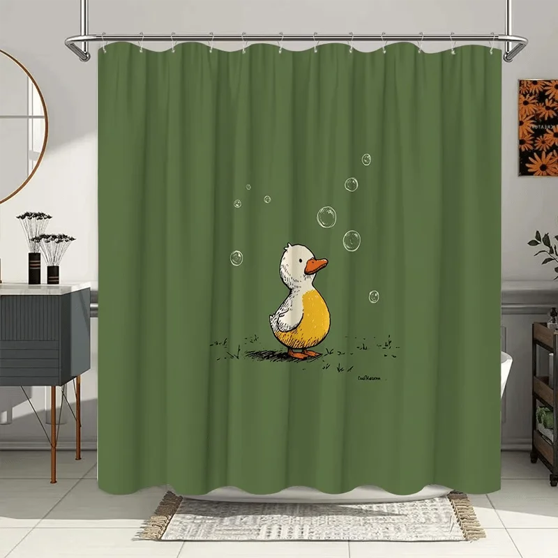 Cute Cartoon Duck Shower Curtain, Green Background with Bubbles, Kids Bathroom Decor, Waterproof Polyester Fabric Screen