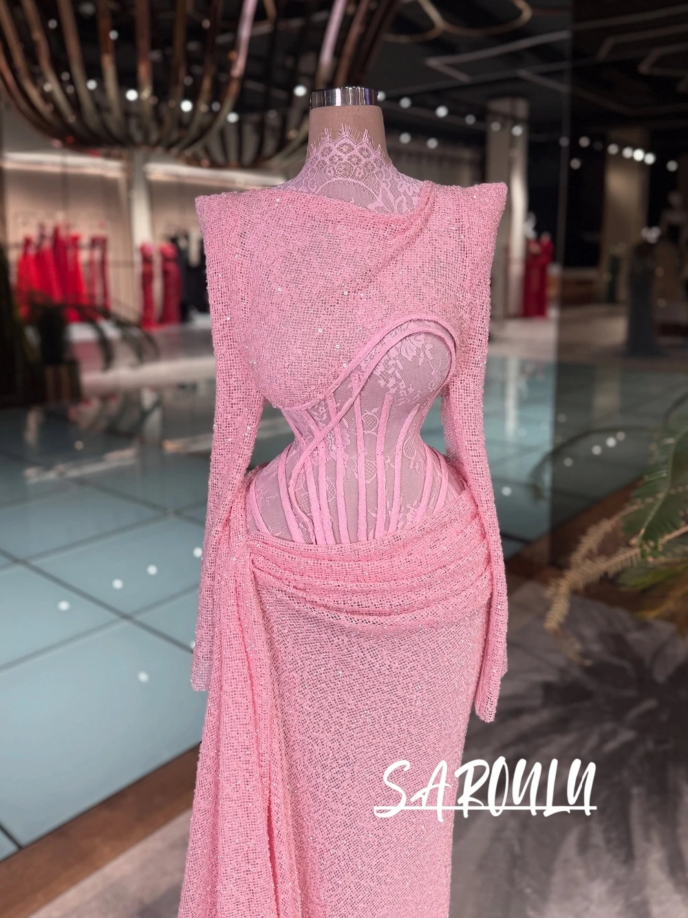 

New Arrival Pink Mermaid Evening Dress Pleated Elegant Lace Customized Cocktail Gown For Women Dreamy Sparkling Banquet Wear
