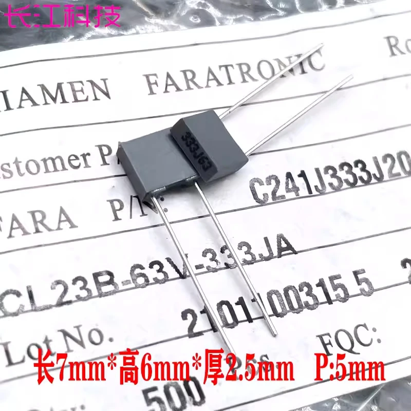 

CL23B Xiamen Farad 0.033uf 33nf 333 63v 100v copper pin thin film capacitor C24 P5