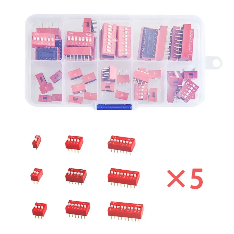 

45 pcs/lot Dip Switch Kit In Box 1 2 3 4 5 6 7 8 9Way 2.54mm Red Toggle Switch Mixed Hitch buttons Kit Each 5 PCS Combsuit Set