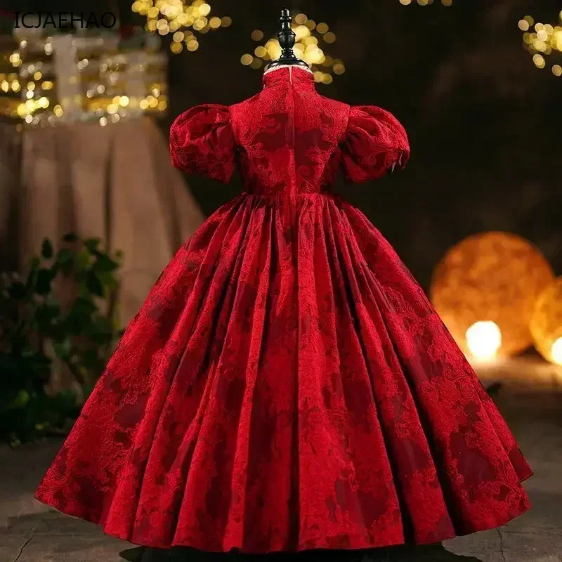 2026 Elegant Girl Dresses New Puff Sleeves Long Ball InfantGirls VintageYears Kid Clothes Gowns Floral Red Dress Children Eids
