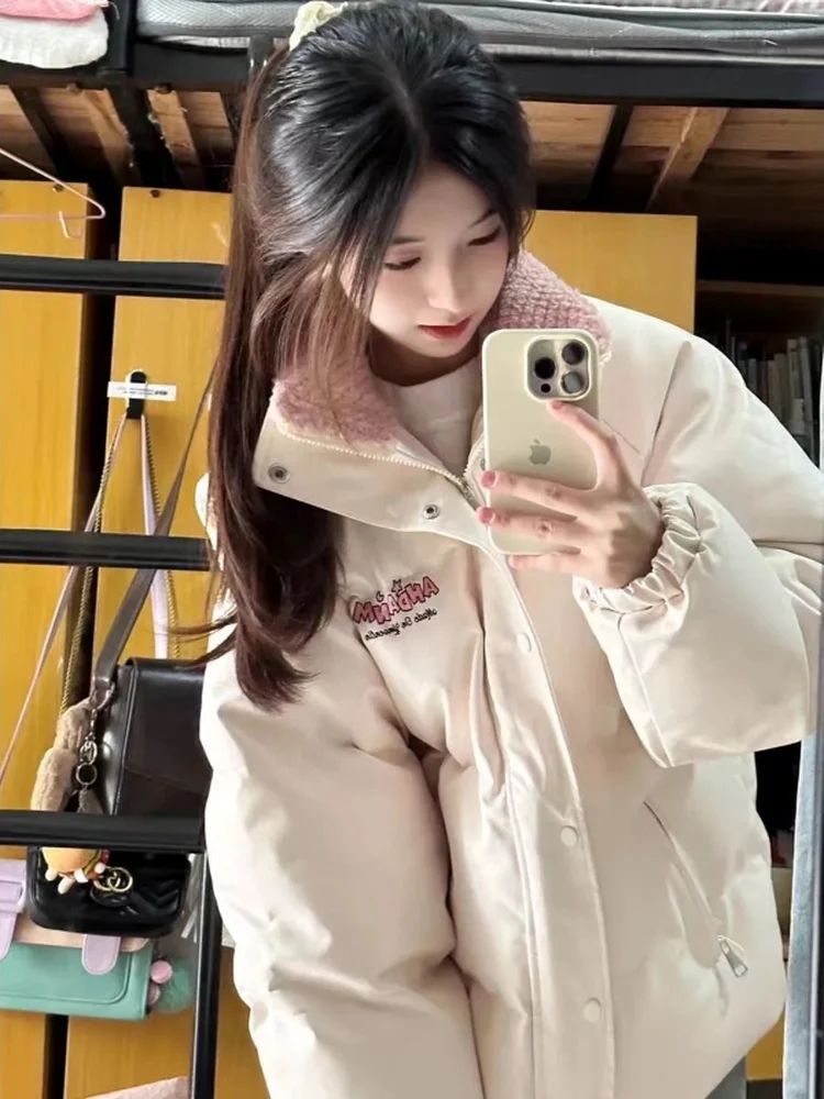 

Thiened Cotton Jaet Women's Winter PU Leather Embroidery Bread Sle Coat Student Faion Cool Sweet Sle Outerwear